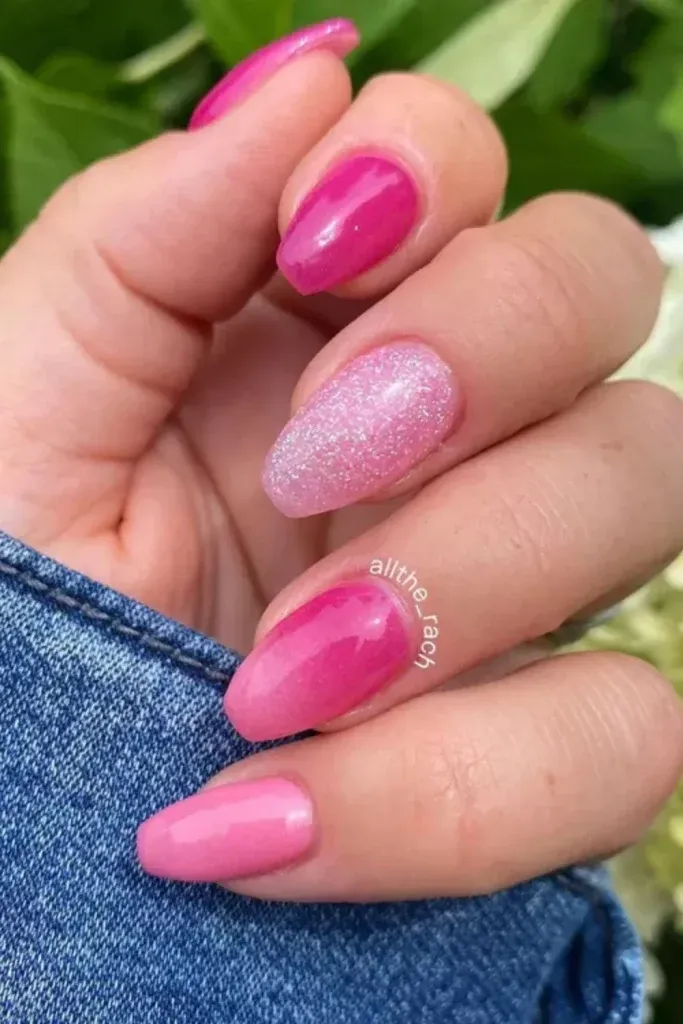 Pink Glitter Accent Nails - Bright pink nails with single glittery pink accent on ring finger