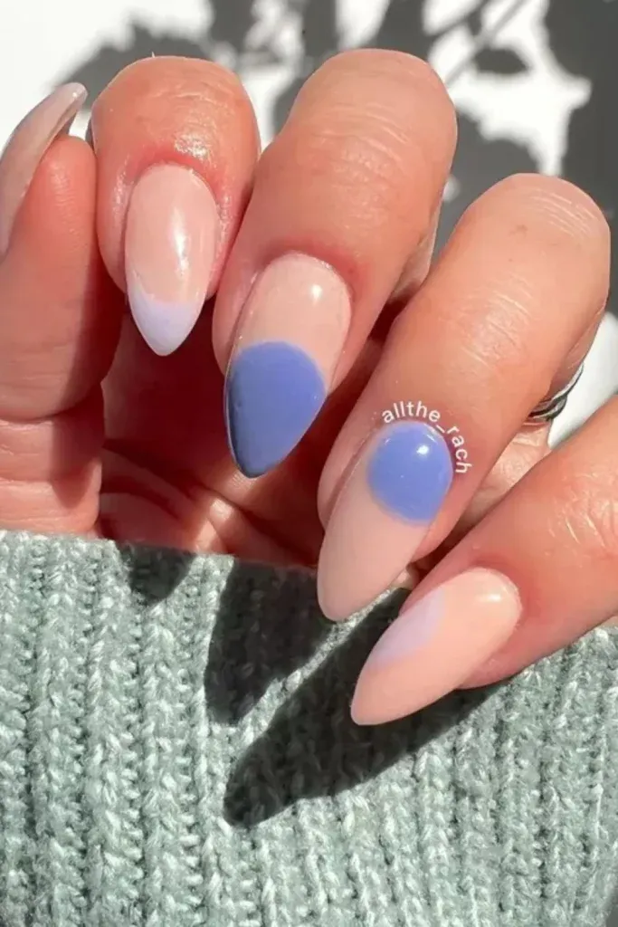 Blue-Purple French Nails - Almond nails with nude base and alternating blue and purple French tips