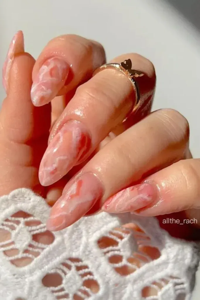 Cloud Marble Nails - Long almond nails with soft pink and white marble swirl design