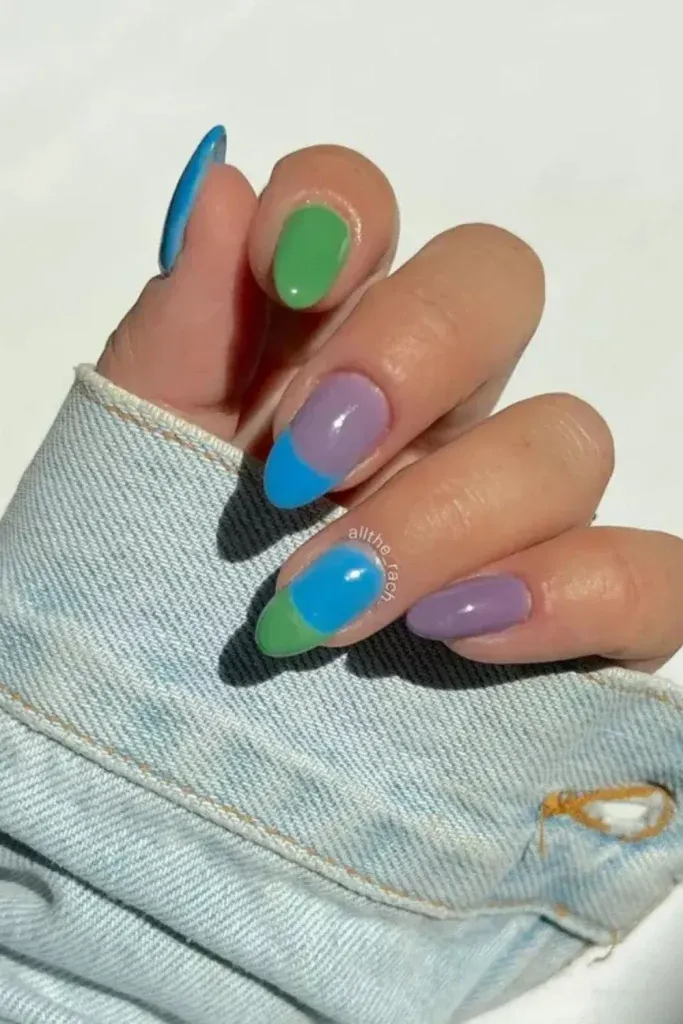 Color Block Summer Nails - Bright nails in green, lilac, and blue with color-blocked geometric tips