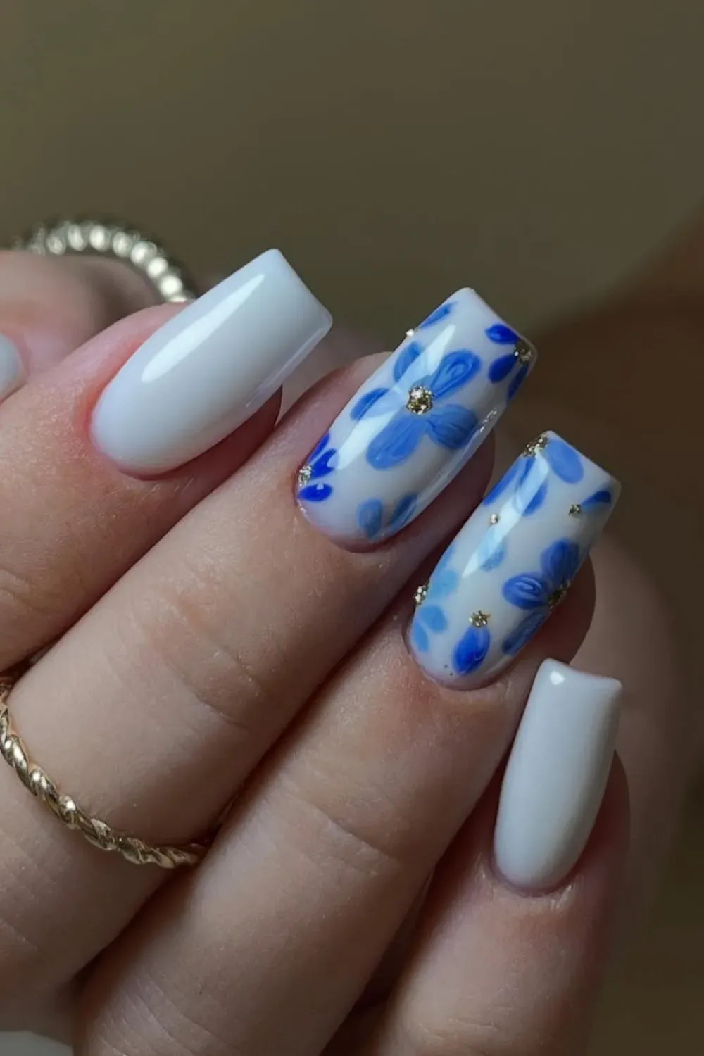 Blue Floral Nails on White Nails for Summer Look