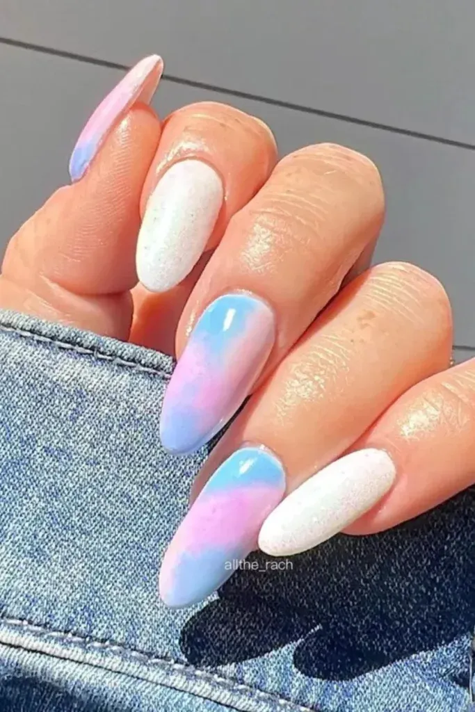 Iridescent Gradient Nails - Long oval nails with blue, pink, and purple chrome gradient