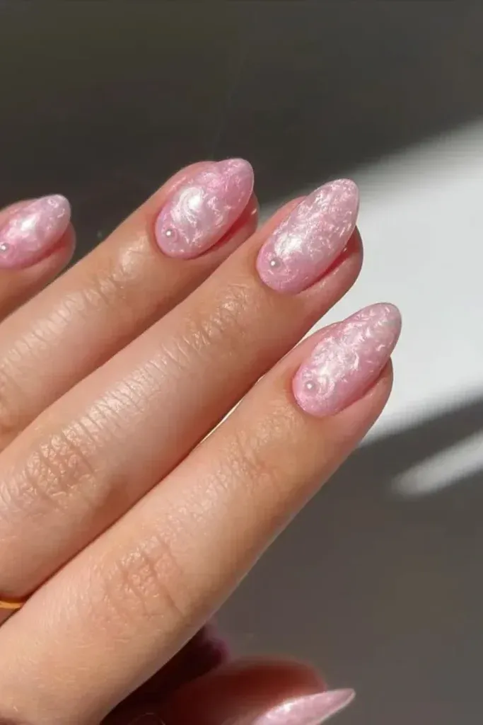 Pink Glazed Pearl Nails - Short almond pink nails with pearly glaze and subtle shimmer