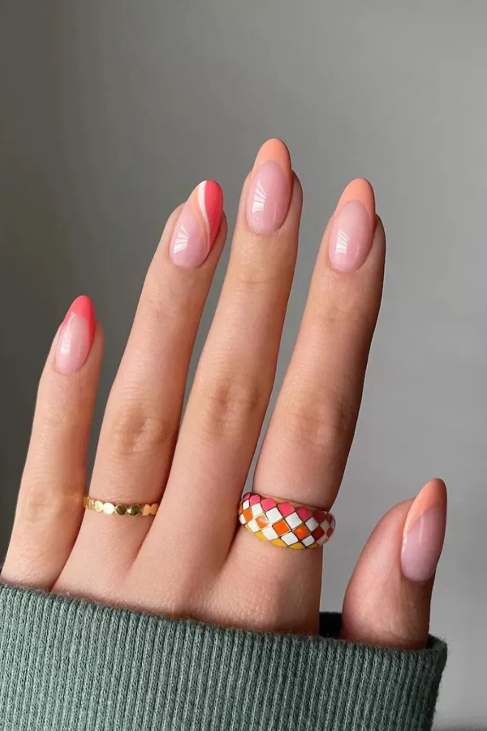 Abstract Peach French Tips – Modern Swirl Nail Art in Peach and Pink