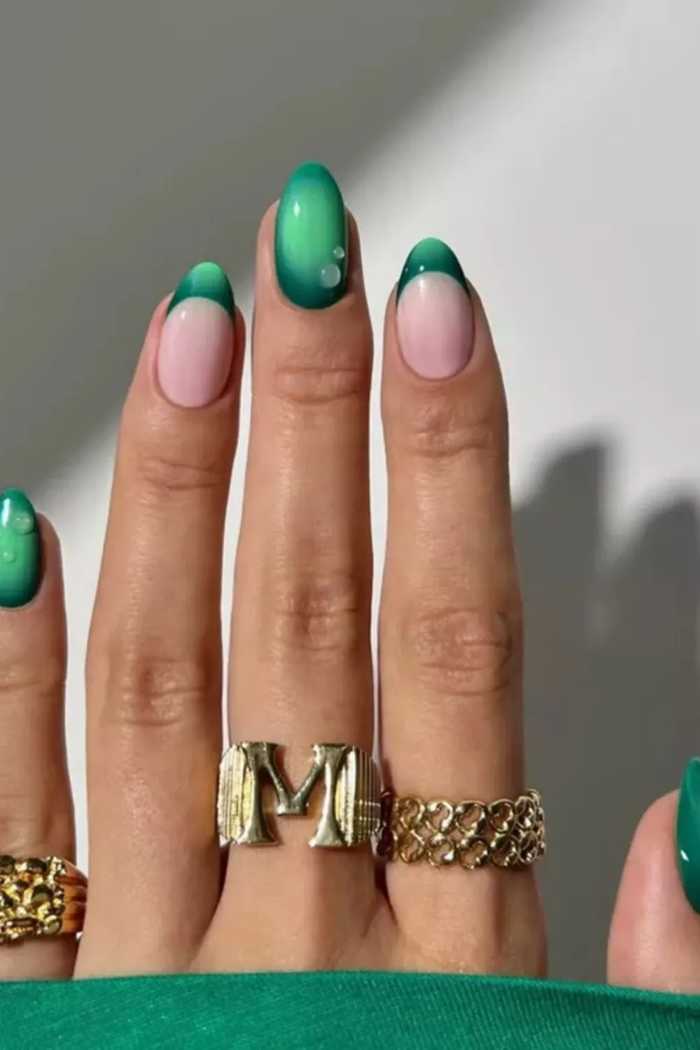 Aura Emerald French Tips with Dewdrops - Emerald aura nails with water droplet effect on almond-shaped tips