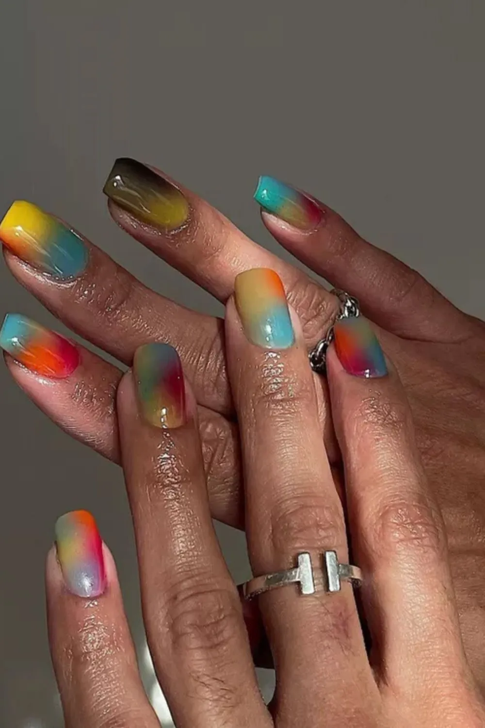 "Sunset Ombre Gradient Nails - Colorful Blended Nail Art Design"