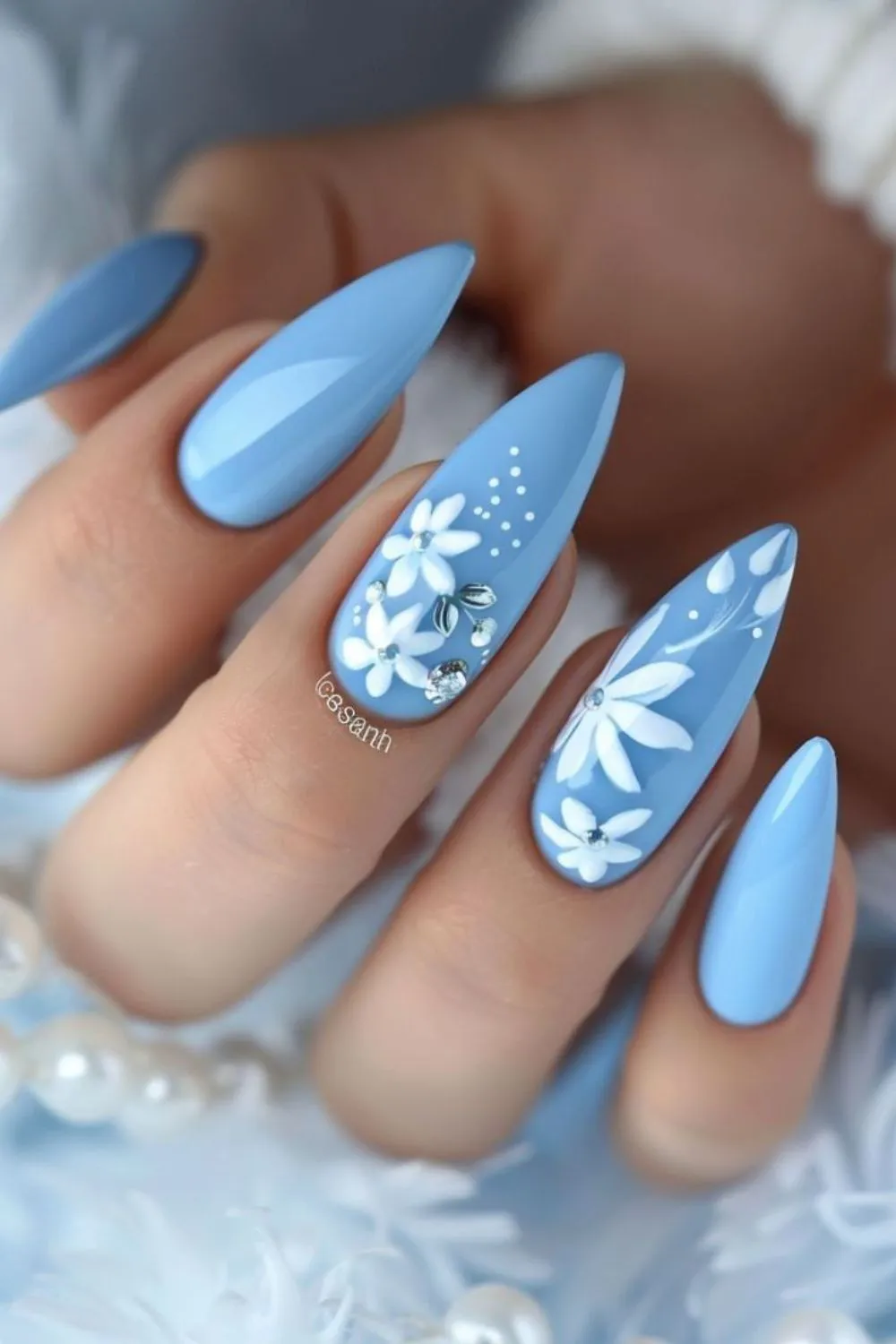 "3D White Flowers on Blue Nails - Glamorous Floral Nail Design"