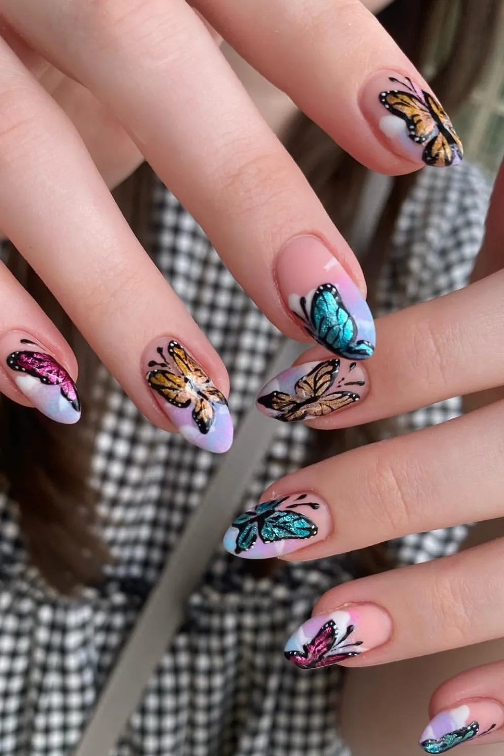 Butterfly Glitter Glam Nails - Sparkly butterfly-shaped glitter accents on a shimmery base.