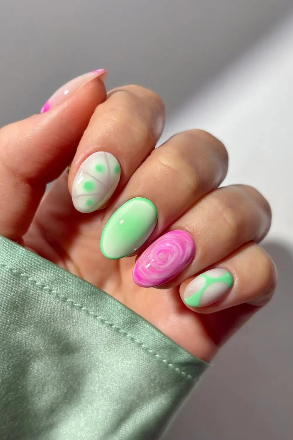 "Green Cactus Swirl Nails - Desert Bloom Nail Design"