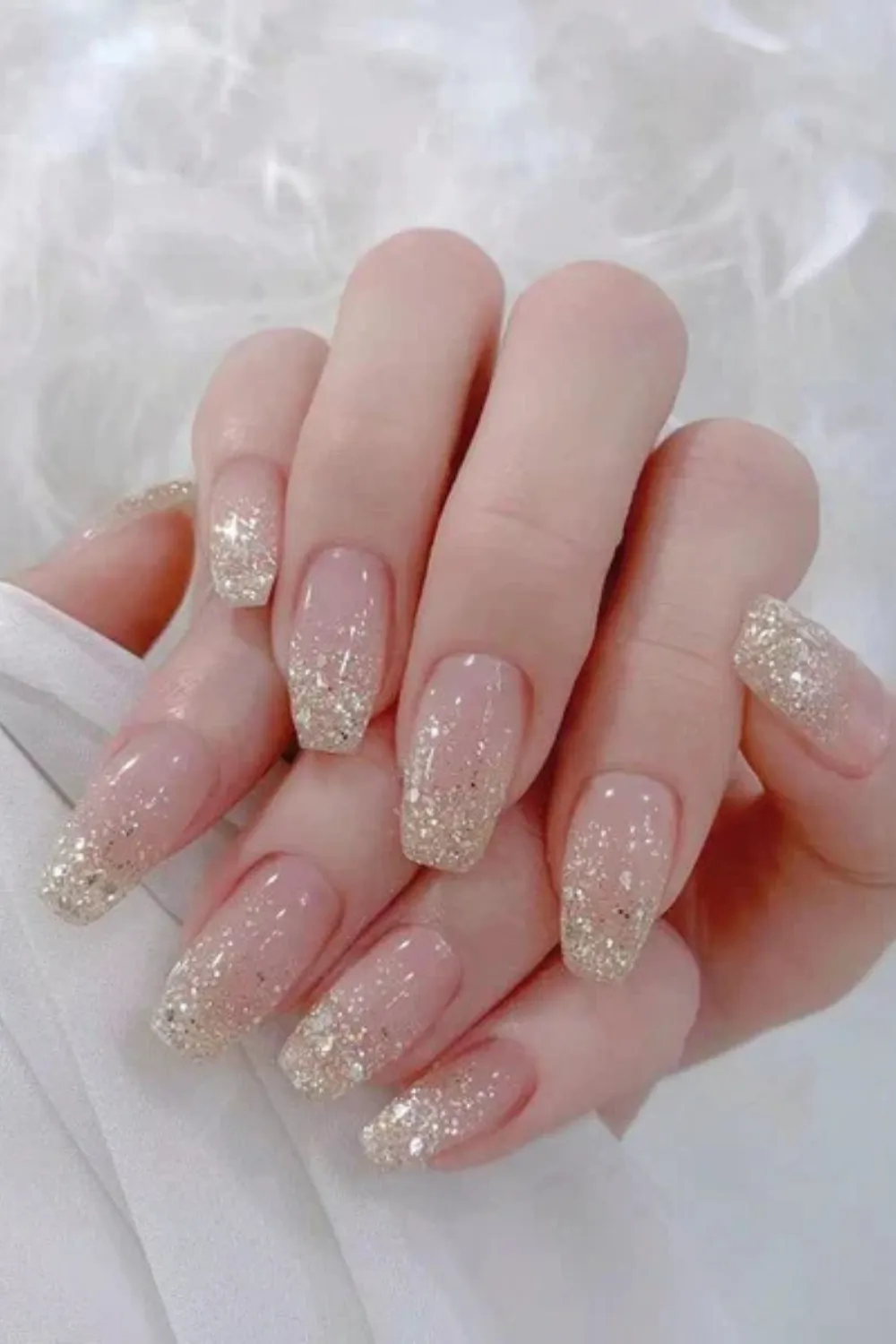 Nude Nails with Champagne Gold Glitter Tips - Wedding nails featuring nude base with golden glitter gradient