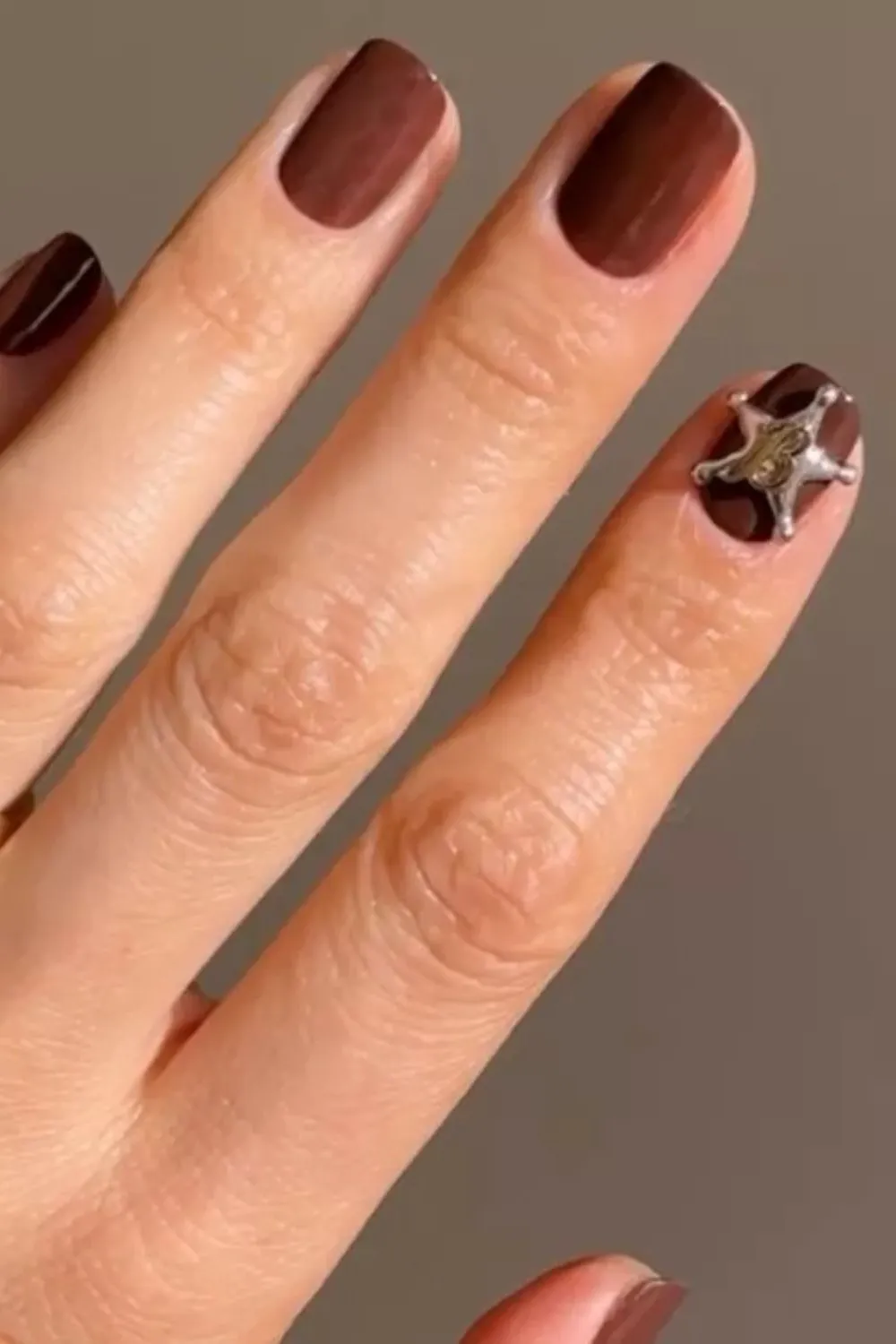 "Dark Brown Nails with Sheriff Star Accent - Western Minimalism"