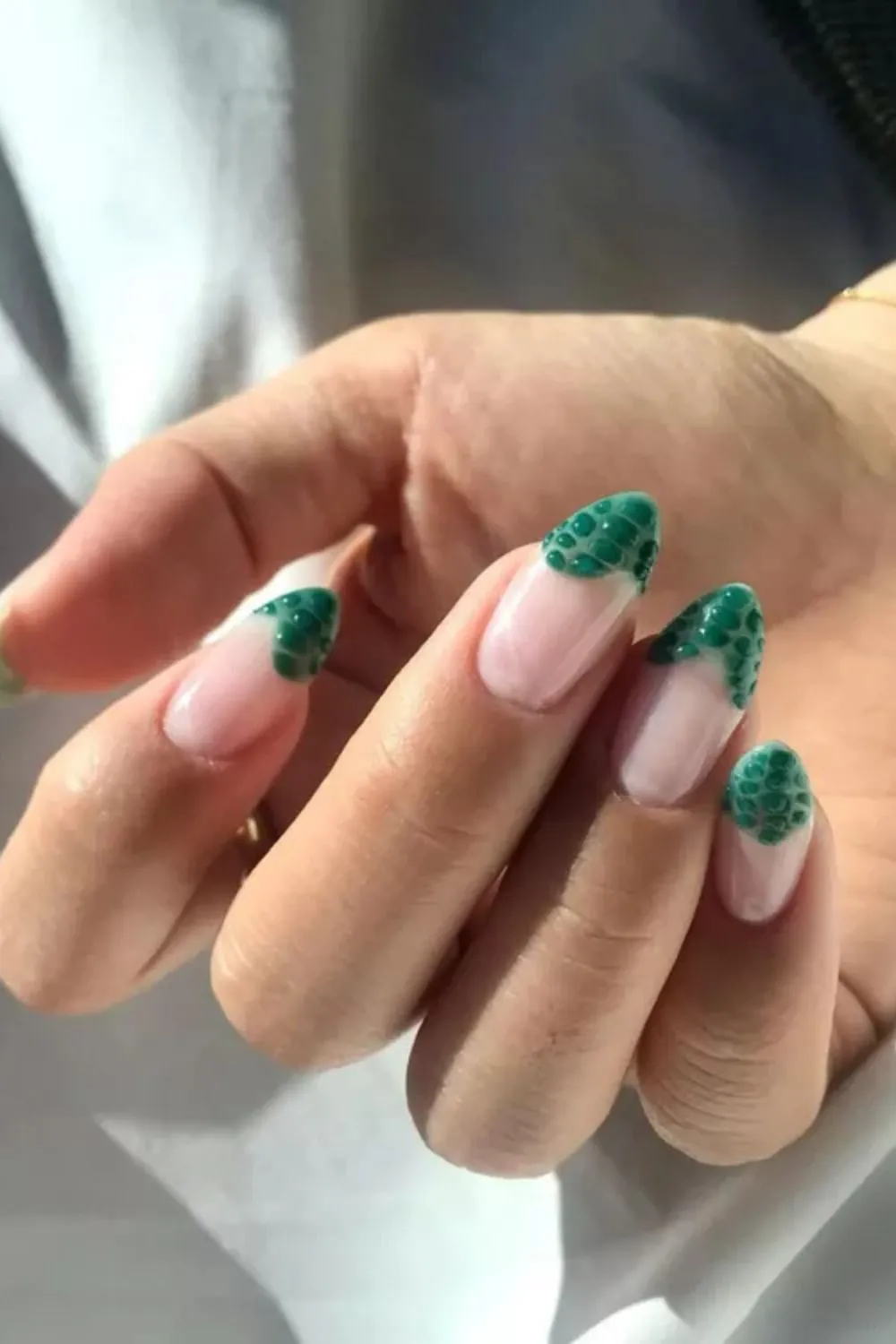 Dual-Finish Croc Emerald Nails - Almond-shaped nails with emerald croc texture in both matte and gloss