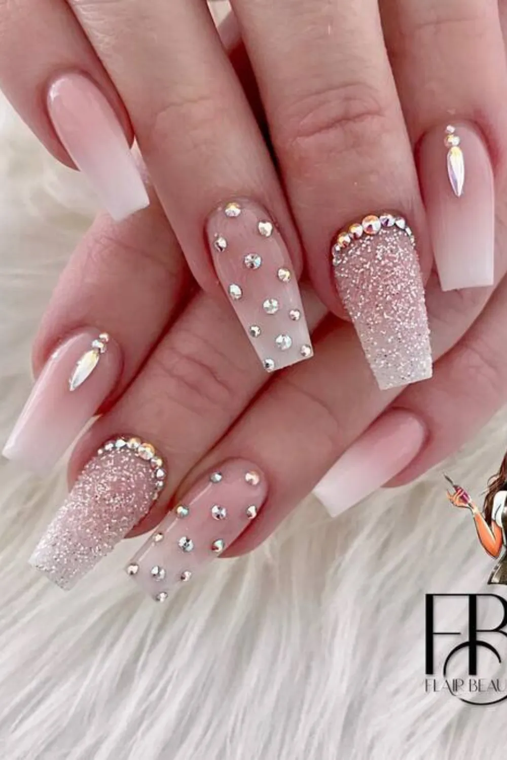 Ombre Pink to White Bridal Nails with Crystals - Sparkling bridal nails with ombre base and rhinestone details