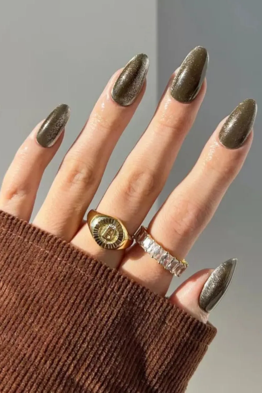 "Olive Chrome Nail Design - Western Metallic Glam Look"