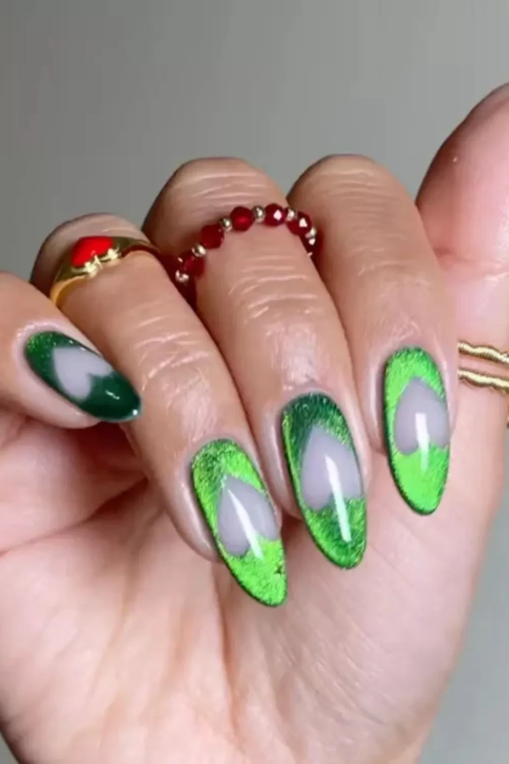 Emerald Velvet Heart Accent Nails - Velvet green nails with soft heart-shaped negative space
