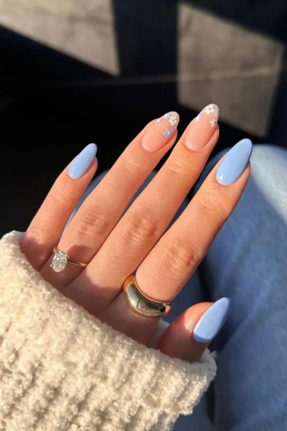 Floral Sky Blue Nails - Sky blue nails with delicate white floral designs.