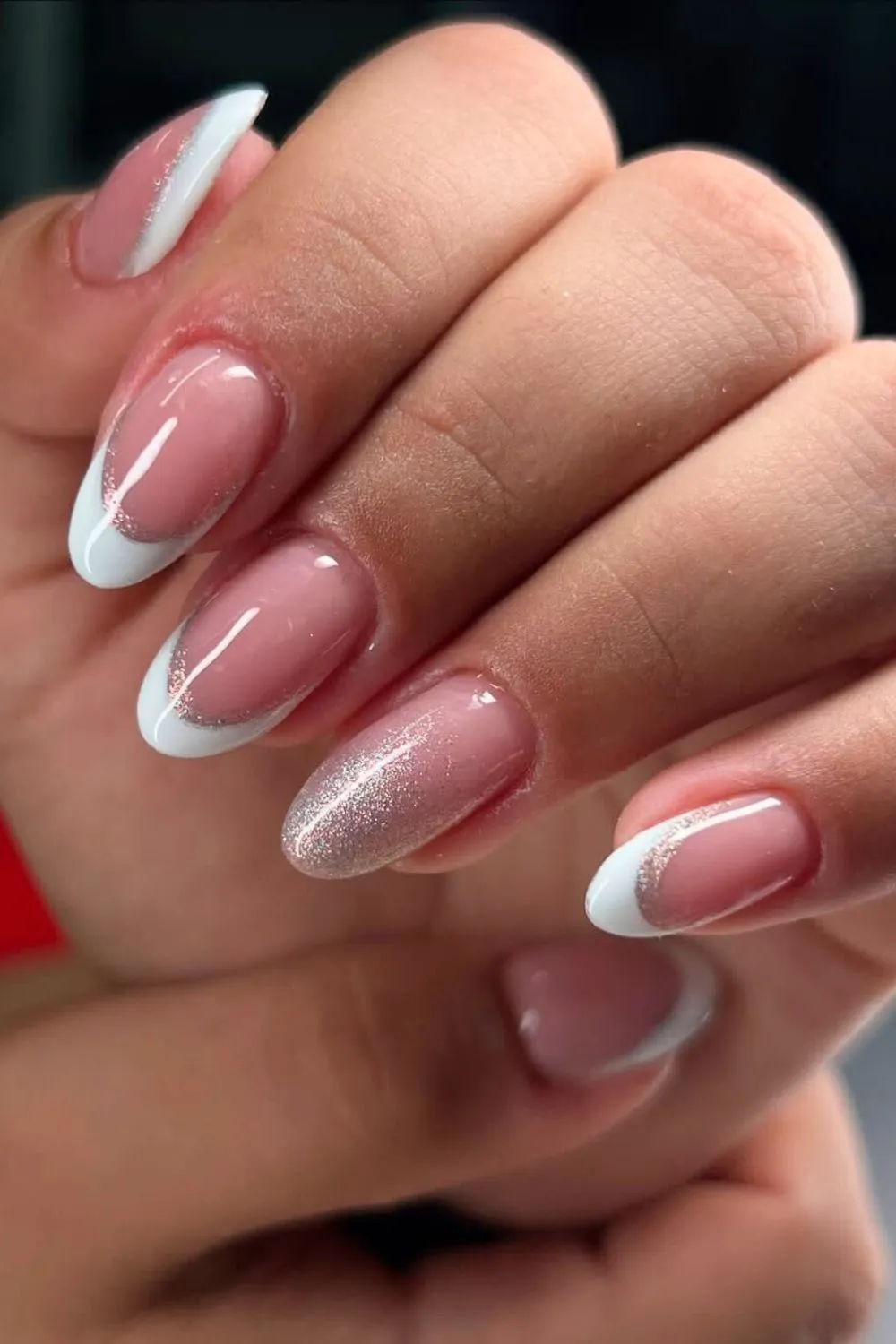 Glitter French Tip Nails - Soft pink almond nails with white French tips and silver glitter swirls