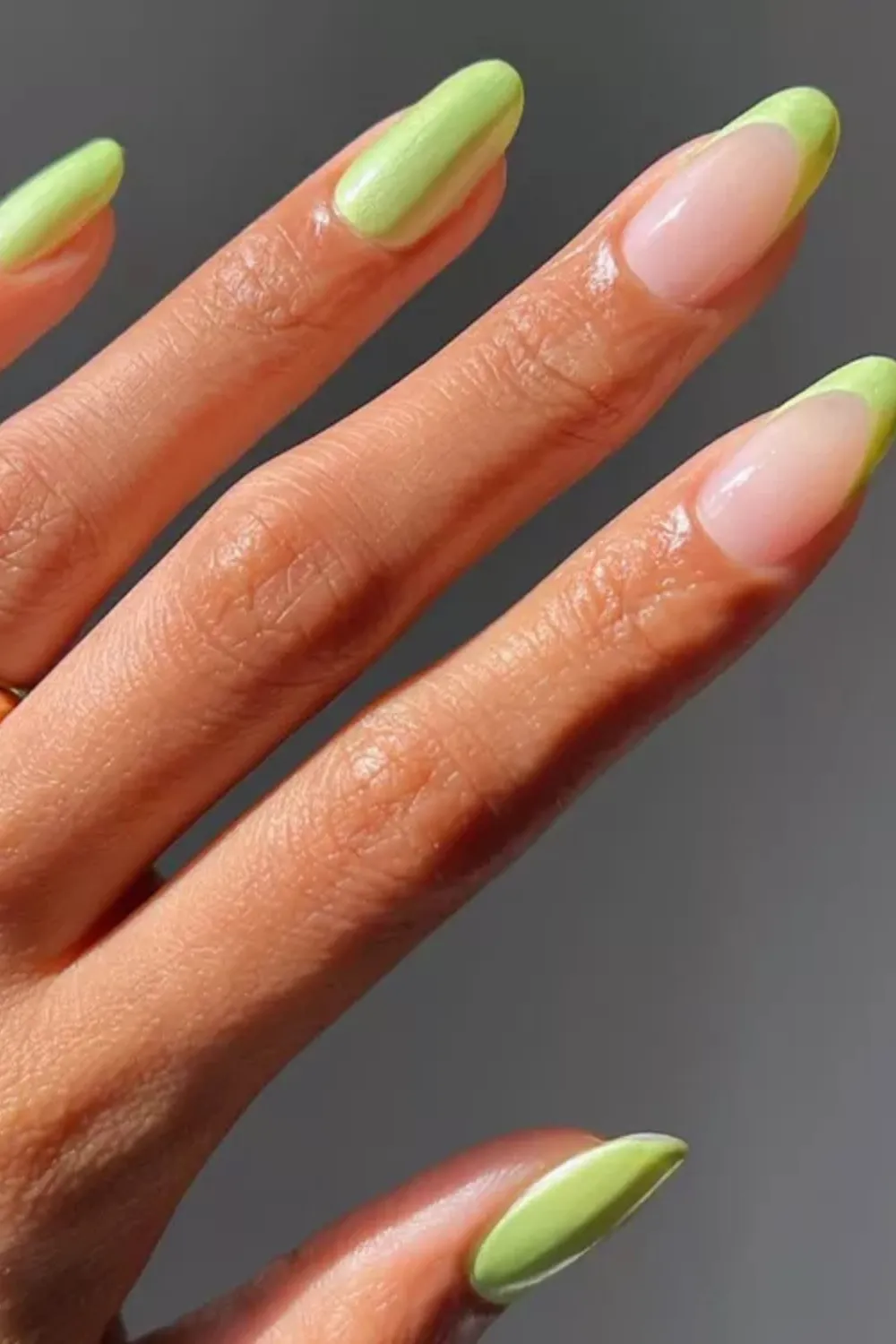 Lime Green French Tip Nails for Spring - Medium-length nude nails with bright lime green French tips