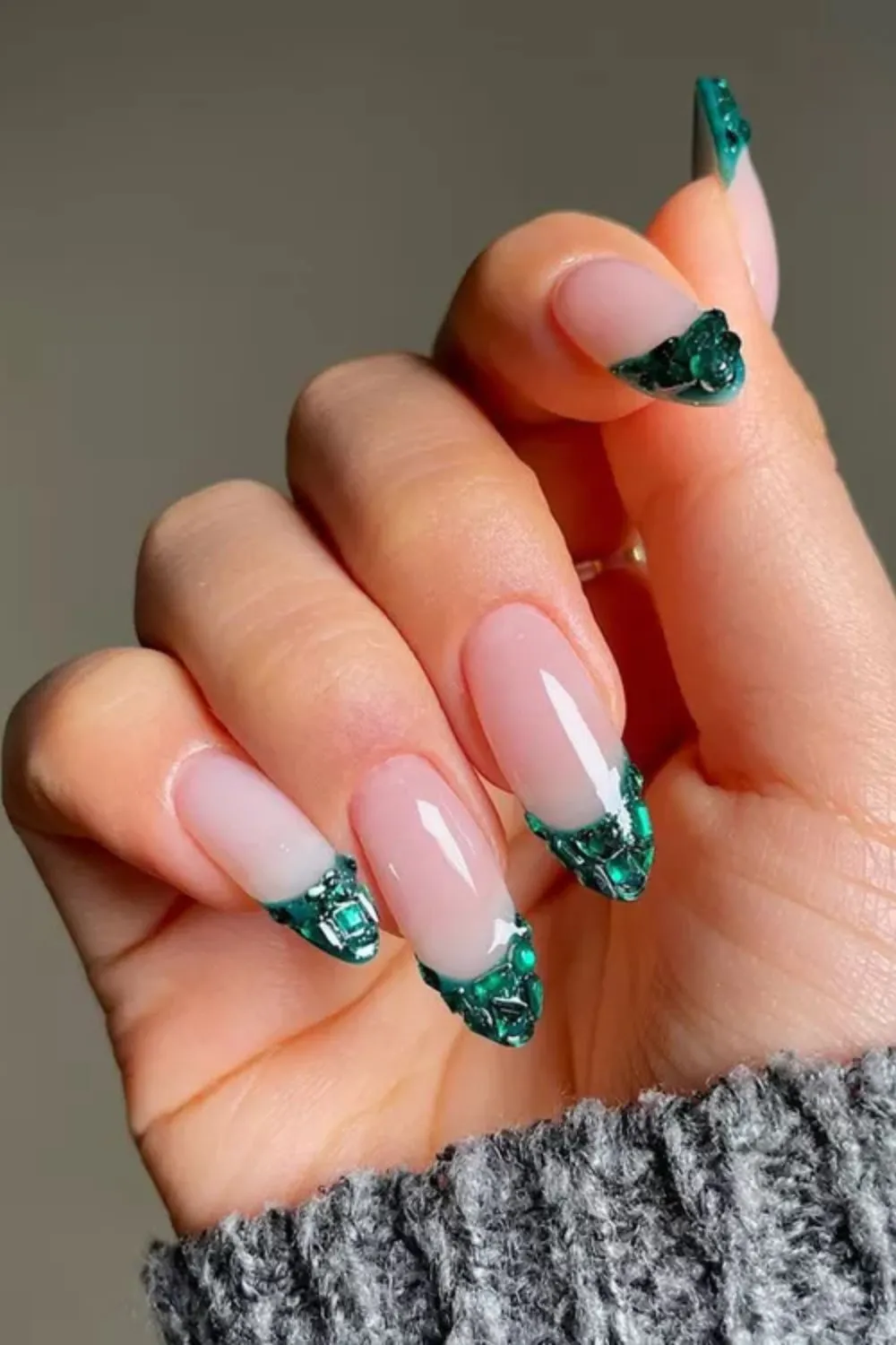 3D Emerald Gemstone French Tips - French tips with emerald green 3D crystal texture over a natural nail base