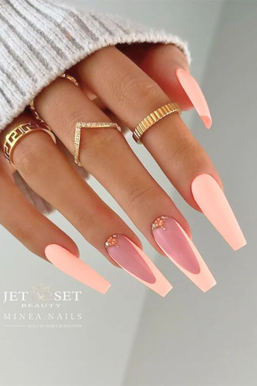 Matte Peach Nails With Rhinestones – Long Glam Nails With a Luxurious Touch