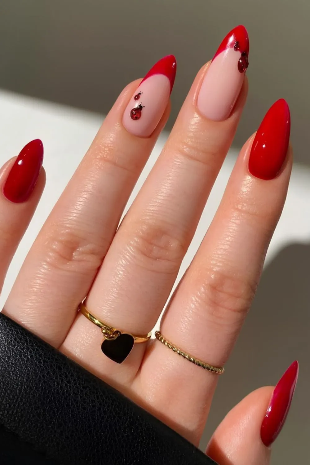 "Red Ladybug French Tip Nails - Whimsical Nature-Inspired Design"