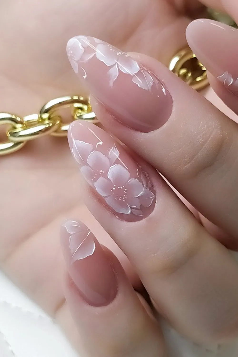 Soft Nude Nails with Hand-Drawn White Florals - Elegant bridal nails featuring delicate white floral designs on a nude base