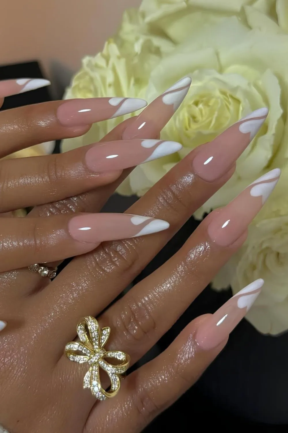 "White Heart French Nails - Romantic Almond Nail Design"