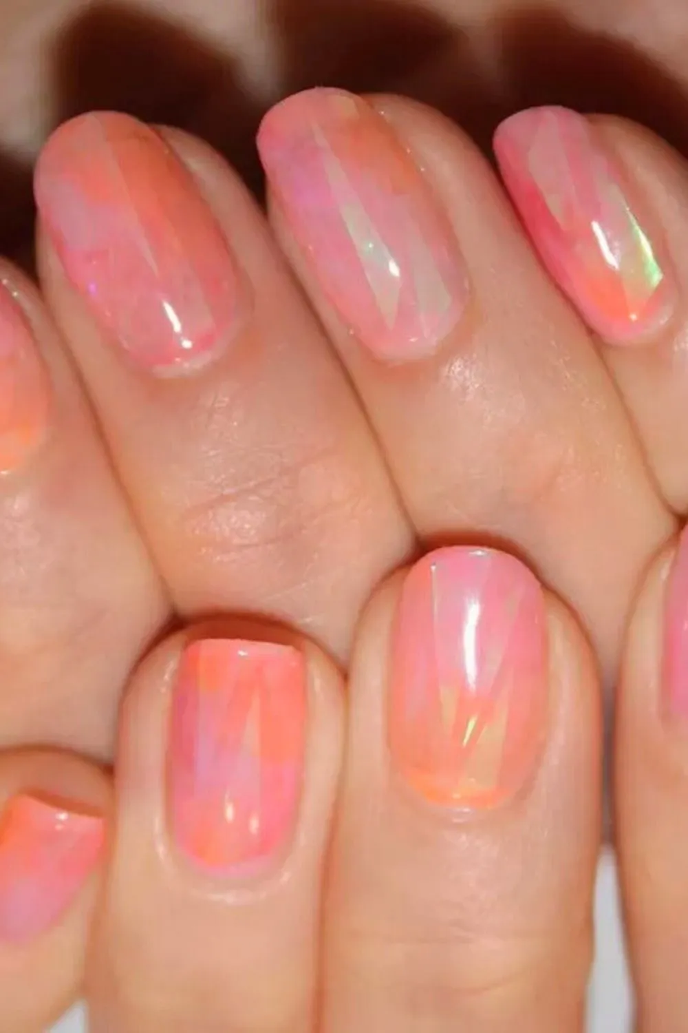 Iridescent Peach Nails – Shattered Glass Nail Design With Peach Tones