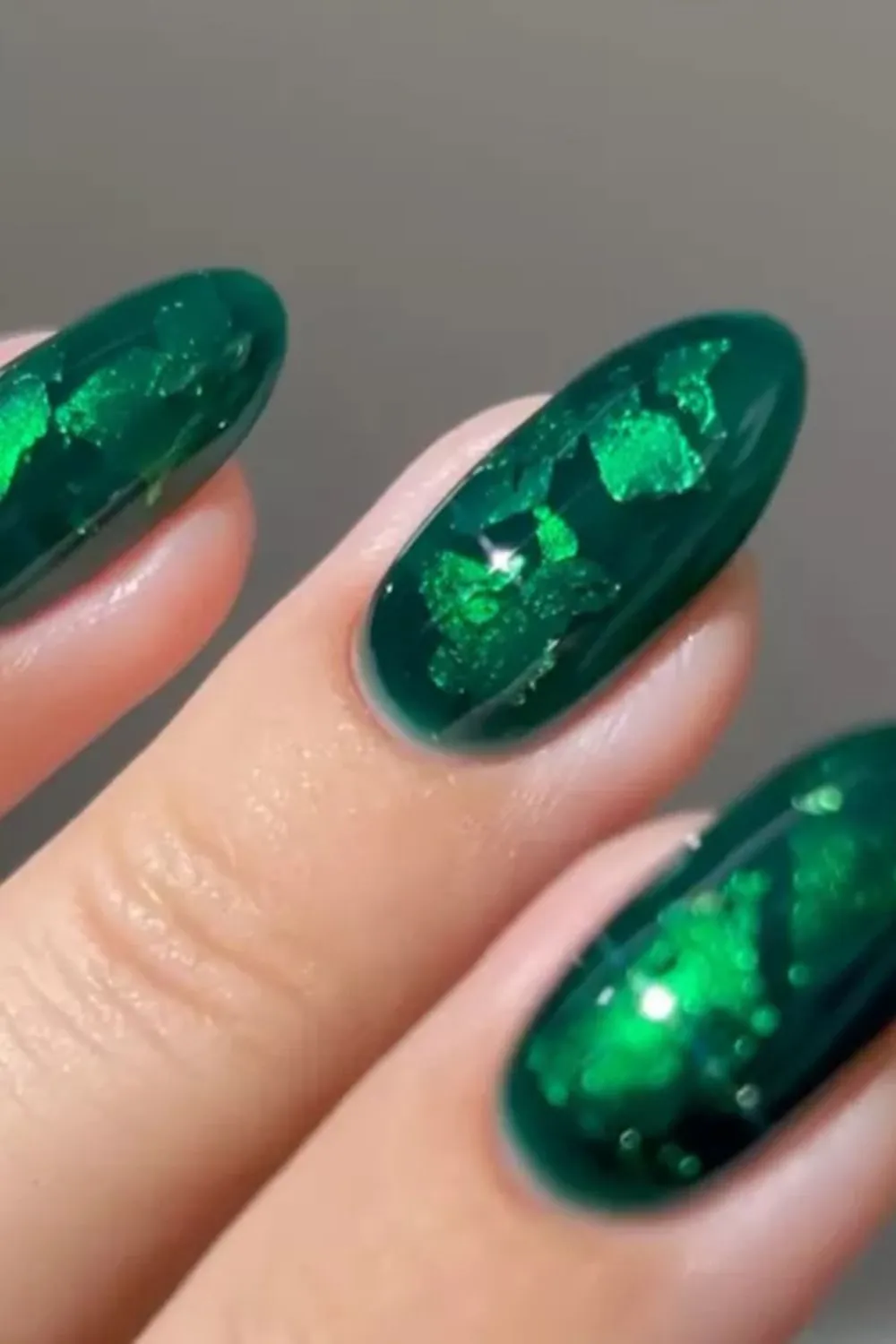 Jelly Emerald Nails with Foil Shards - Sheer emerald nails with shiny foil embedded under the polish