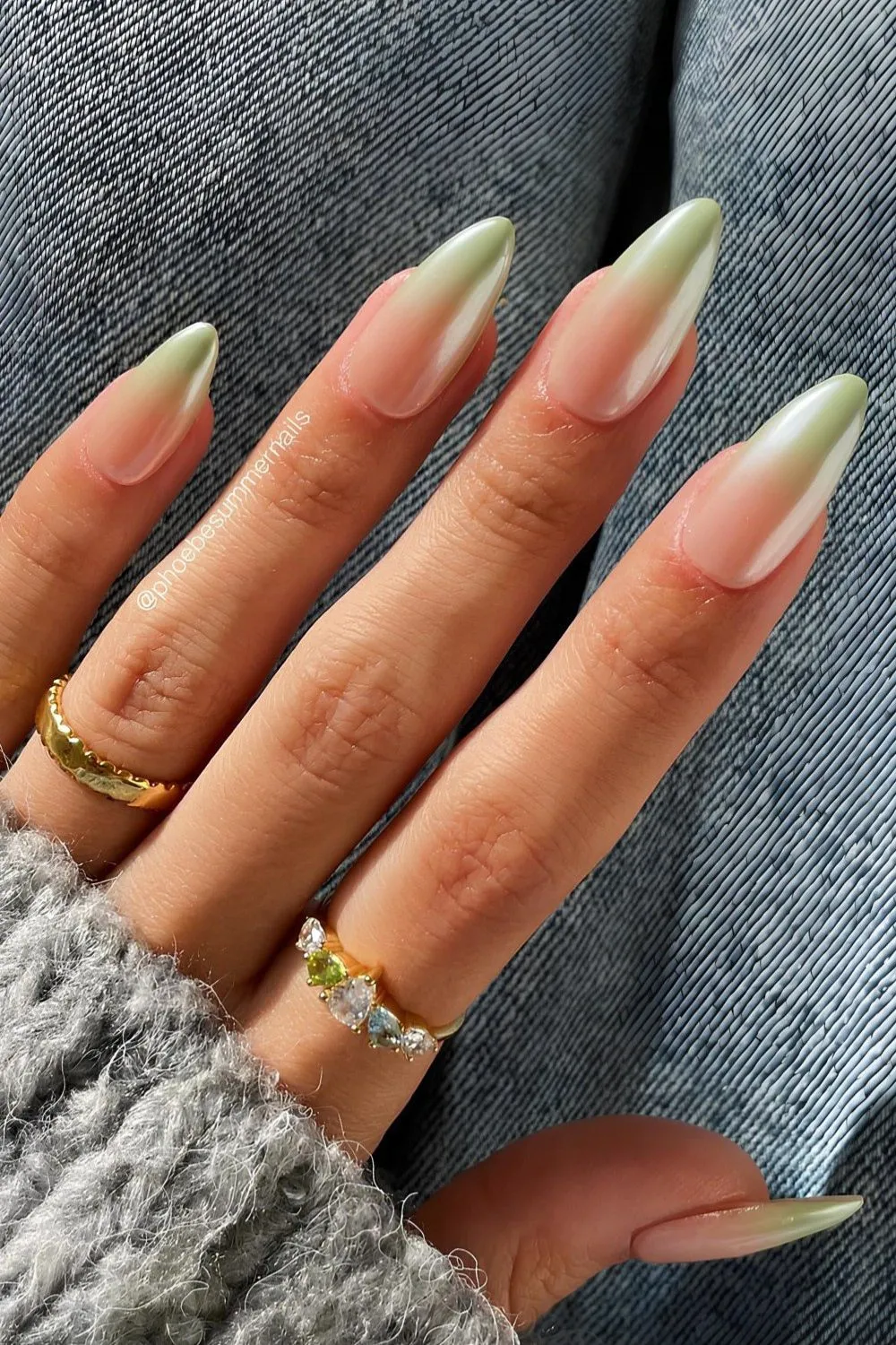 Matcha Ombré Nails - Almond nails with soft pink to light green ombré gradient.