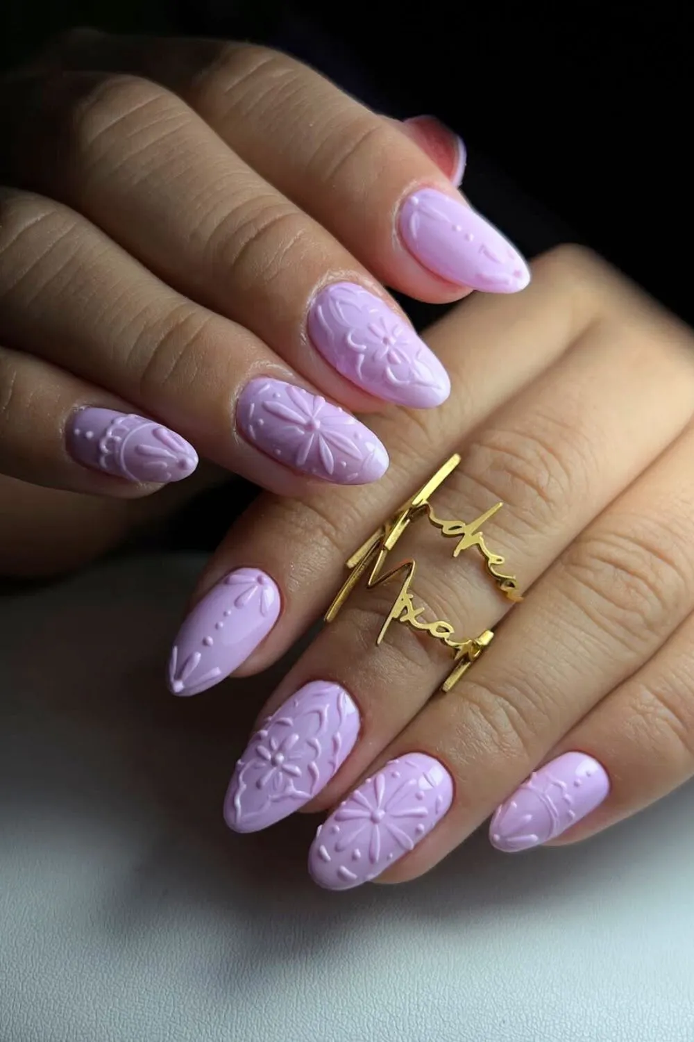 Matte Lilac 3D Flower Nails - Almond nails in matte lilac with embossed floral patterns