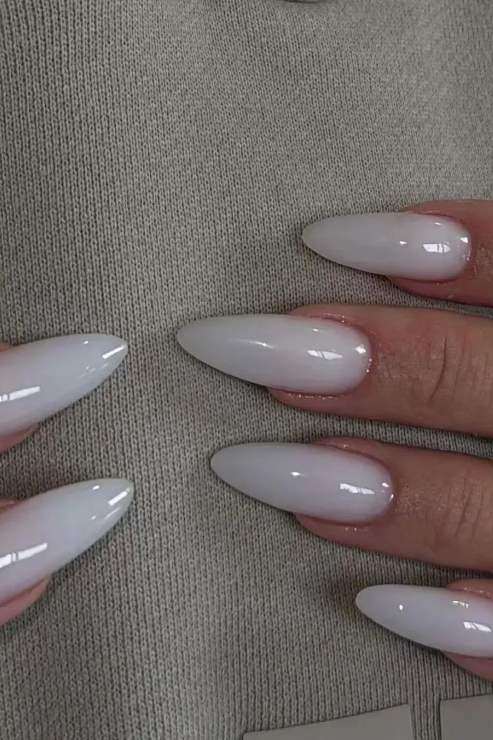 Milky White Almond Nails 2025 - Soft milky white color on almond shaped nails 2025
