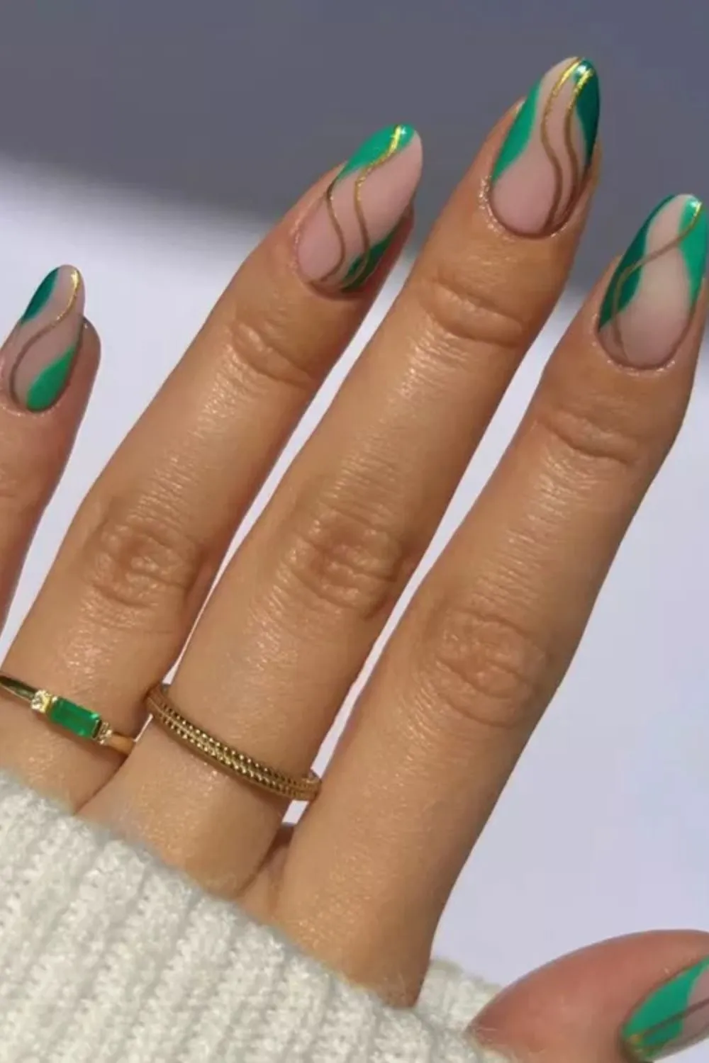 Emerald and Gold Minimal Swirl Nails - Nude nails with thin emerald and gold swirl designs