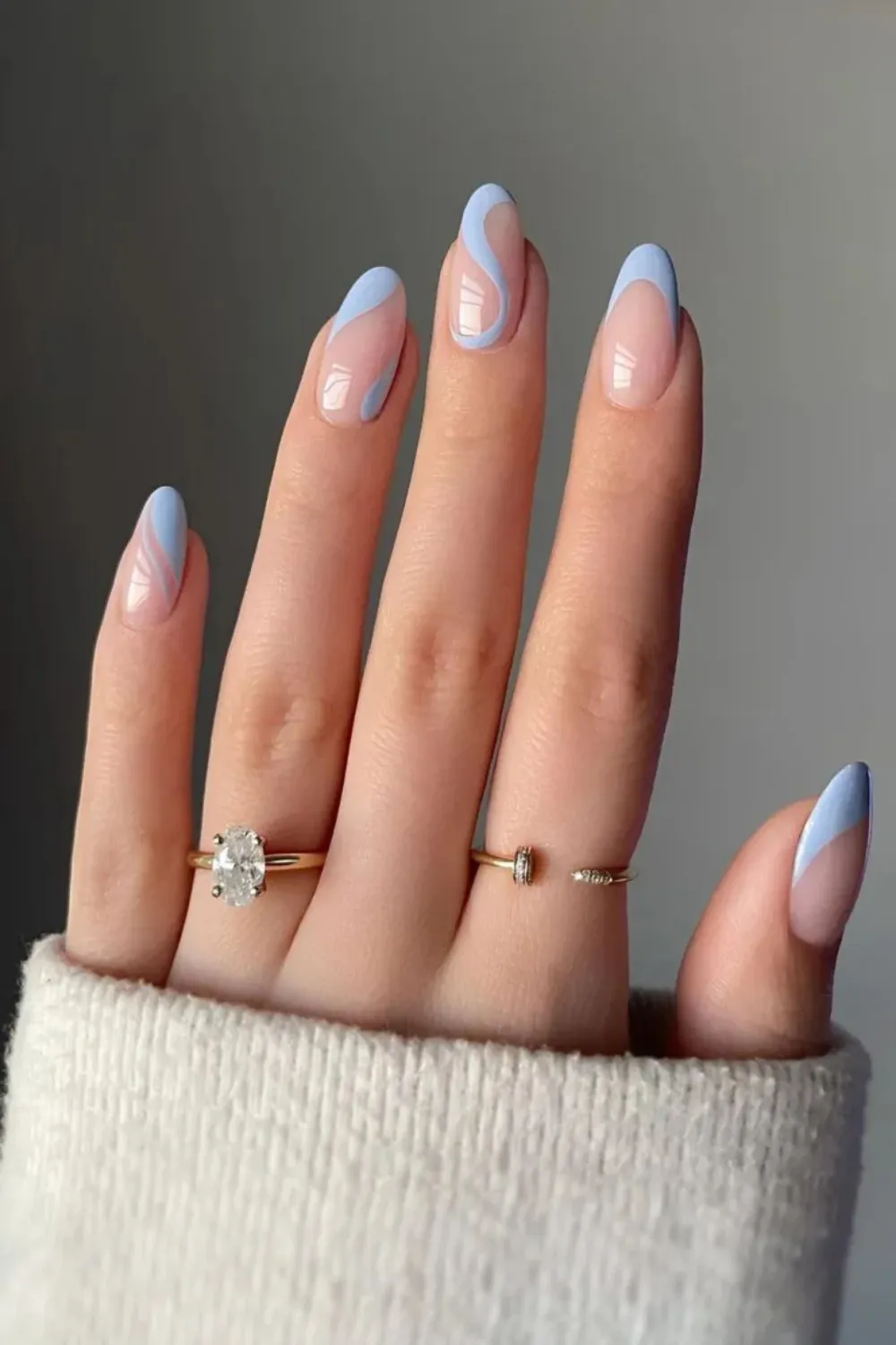 Minimalist Sky Blue Line Nails - Nude nails with minimalist sky blue line art.