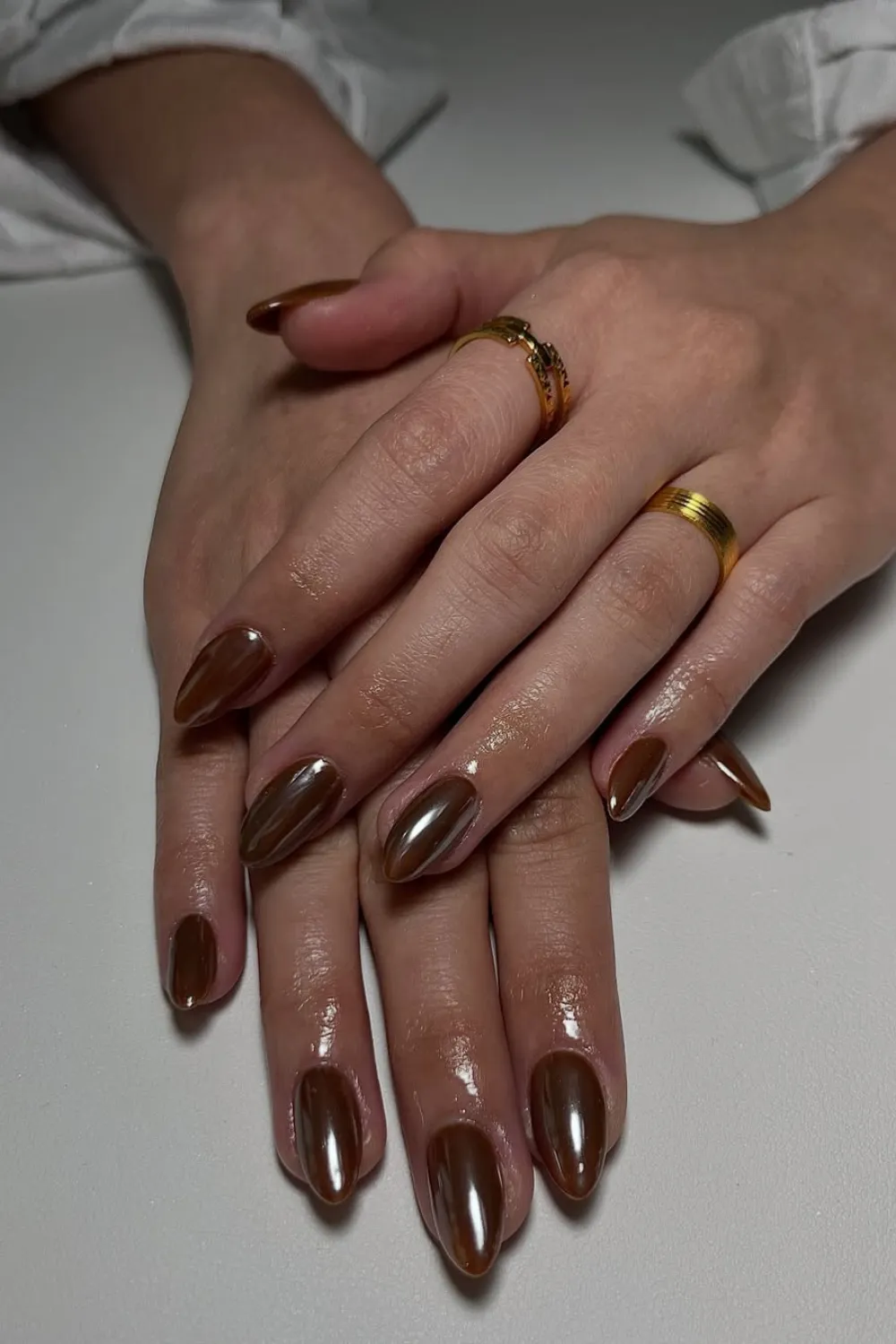 Mocha Chrome Nails - Shiny mocha chrome nails with a mirror-like metallic effect.