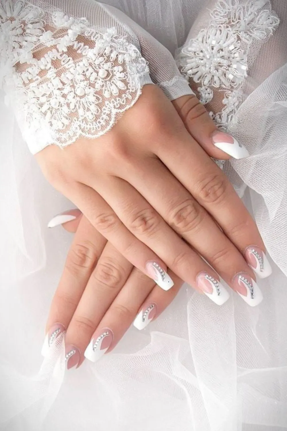 White French Tip Nails with Crystal Cuticle Accents - Classic French wedding nails with crystal-studded detailing