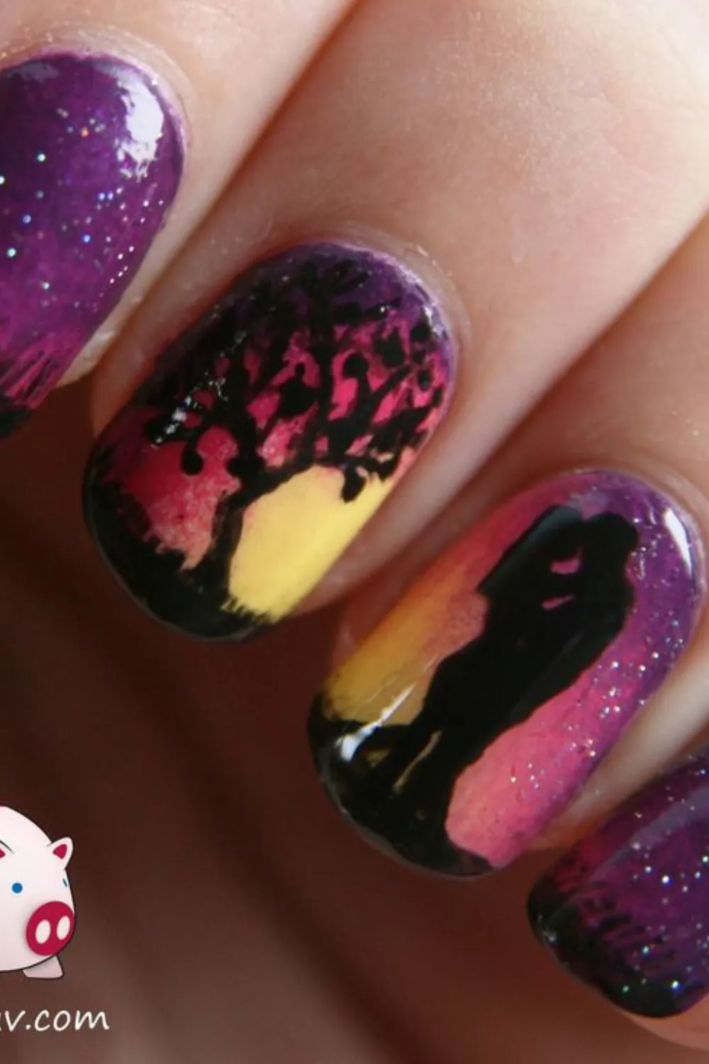 Pastel Ombre Sunset Nails - Smooth gradient nails blending peach, lavender, and sky blue for a soft spring sunset look.