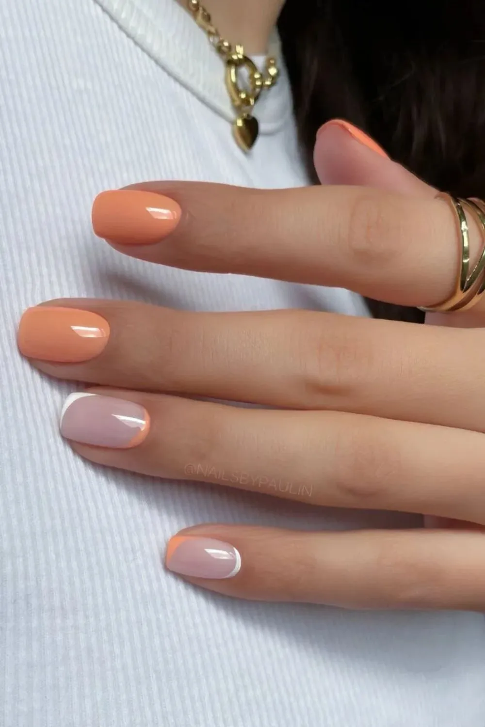 Peach & White Minimal Nails – Fresh Spring-Inspired Peach Nails With White Accents