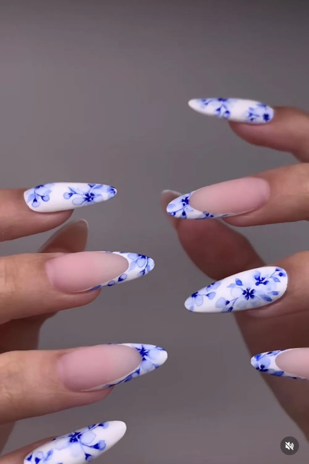 "Porcelain Blue Floral French Tips - Classic Nail Art With Vintage Charm"