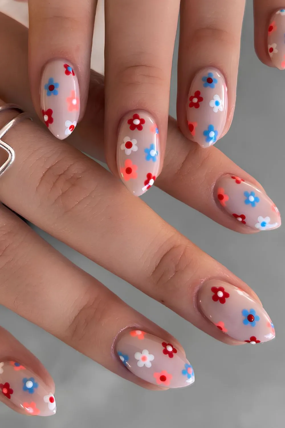 "Nude Nails with Retro Flower Dots - Groovy Floral Nail Design"