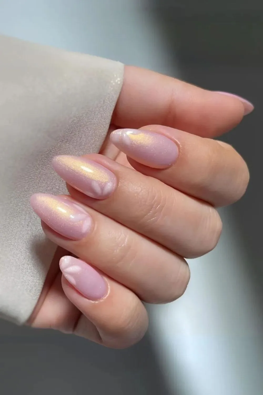 Satin Shimmer Pink Nails - Shiny pink nails with a satin swirl texture and pearlescent glow.