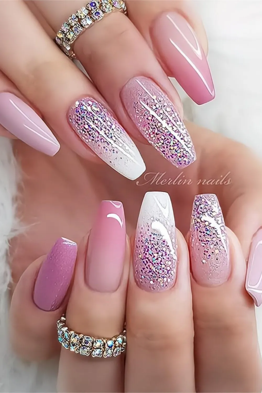Purple-Pink Ombré Nails with Glitter Fade - Bridal nails blending pink and purple hues with glitter overlays