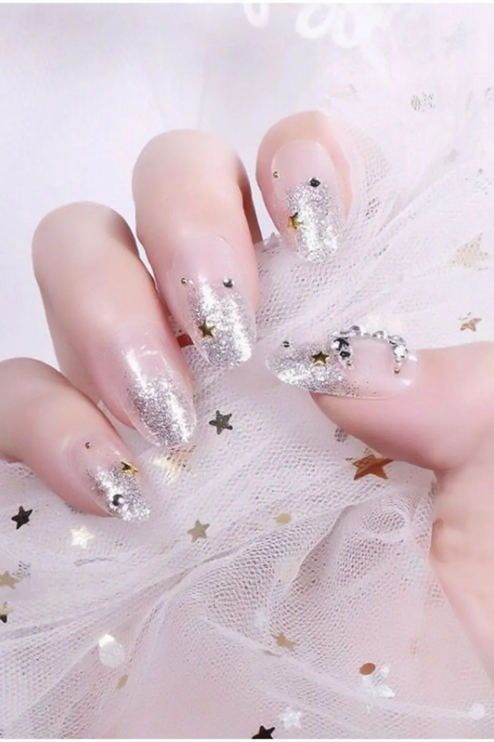 Glitter Silver Nails with Mini Star Accents - Sheer glitter bridal nails with delicate silver stars and gems