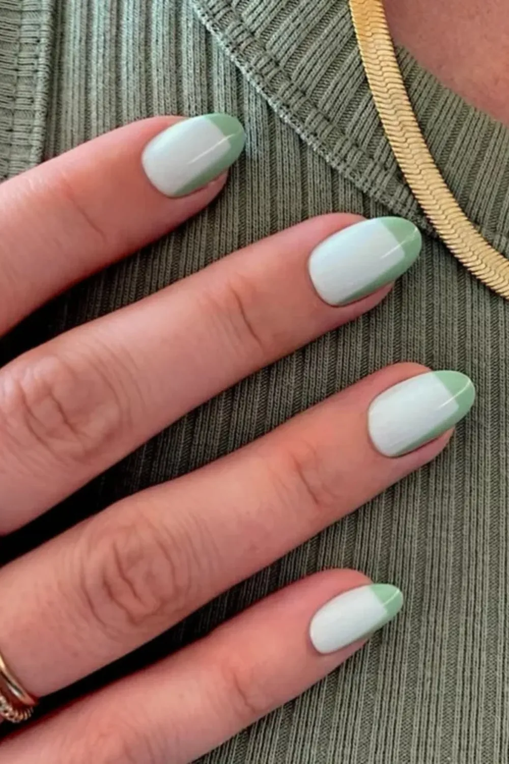 Mint and White Minimalistic Spring Nails - Two-tone mint green and white spring nail design