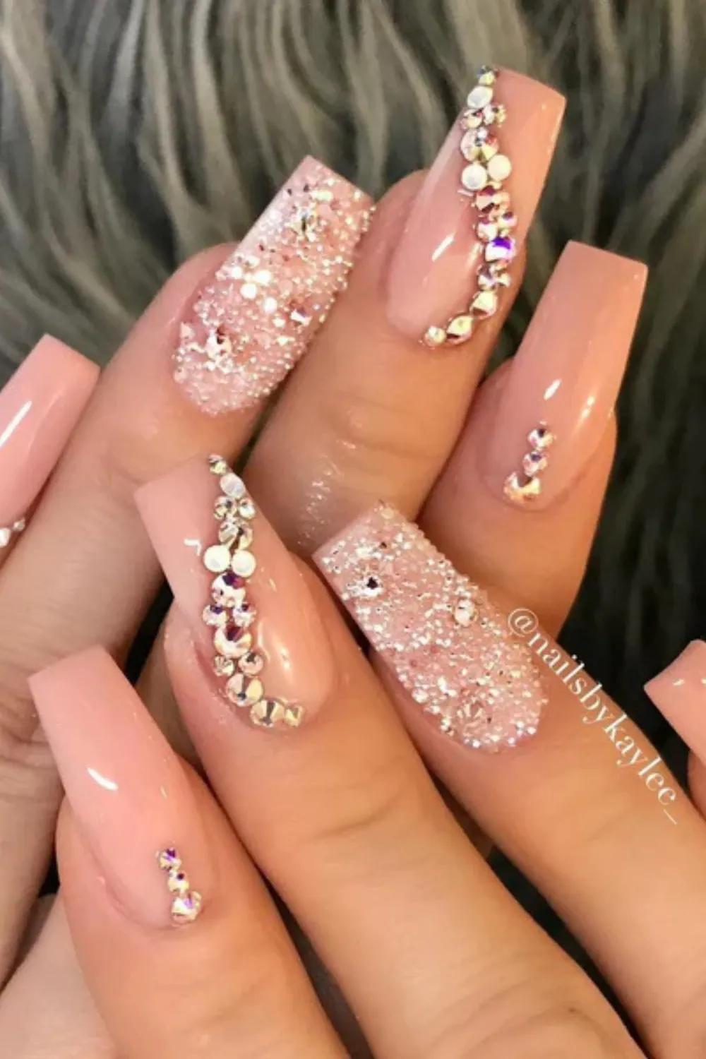Baby Pink Nails with Glitter and Rhinestones - Light pink bridal nails with glitter overlay and crystal accents