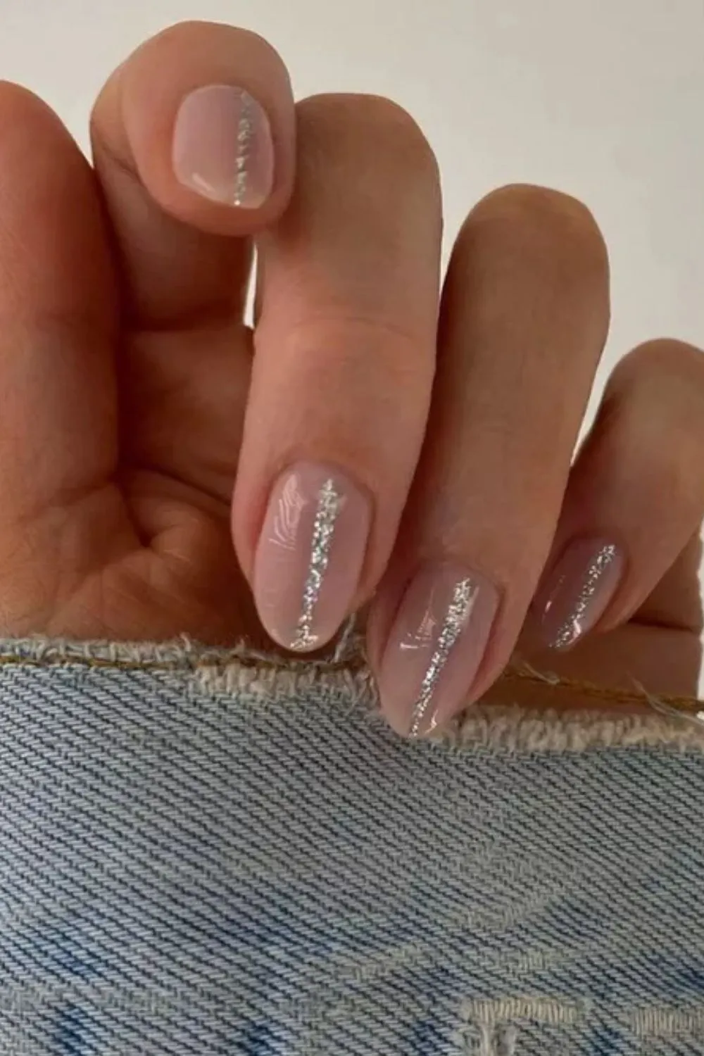 "Soft Pink Nails with Silver Glitter Stripe - Minimal Glam Nail Look"