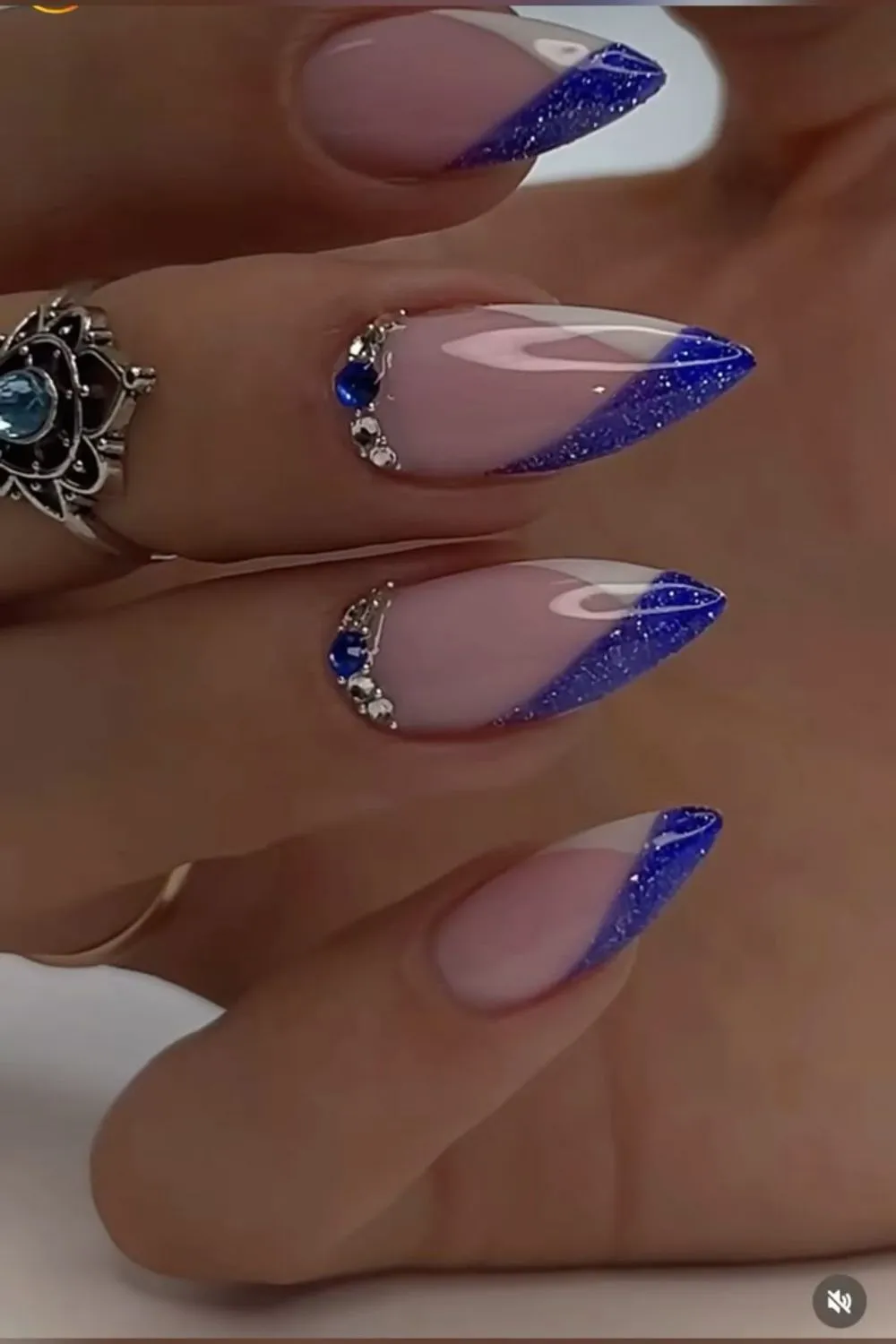 "Blue Glitter French Tip Nails with Rhinestones - Sparkle & Glam Nail Idea"