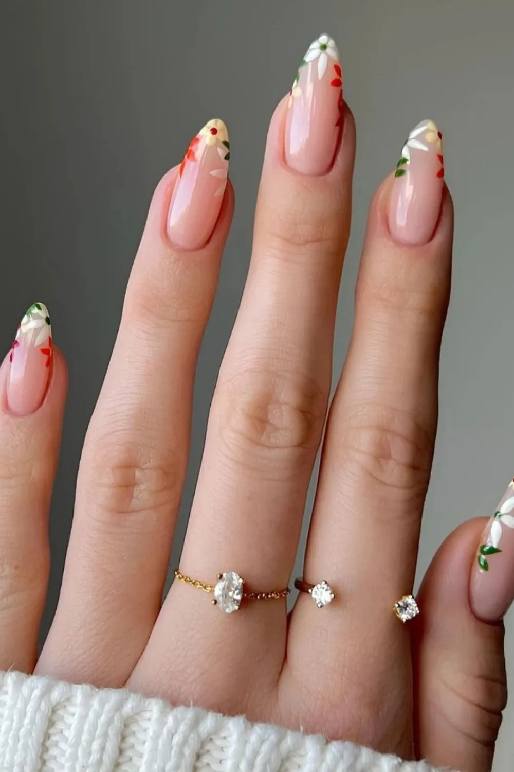 "Nude Nails with Multi-Colored Floral French Tips - Nature-Inspired Spring Nails"