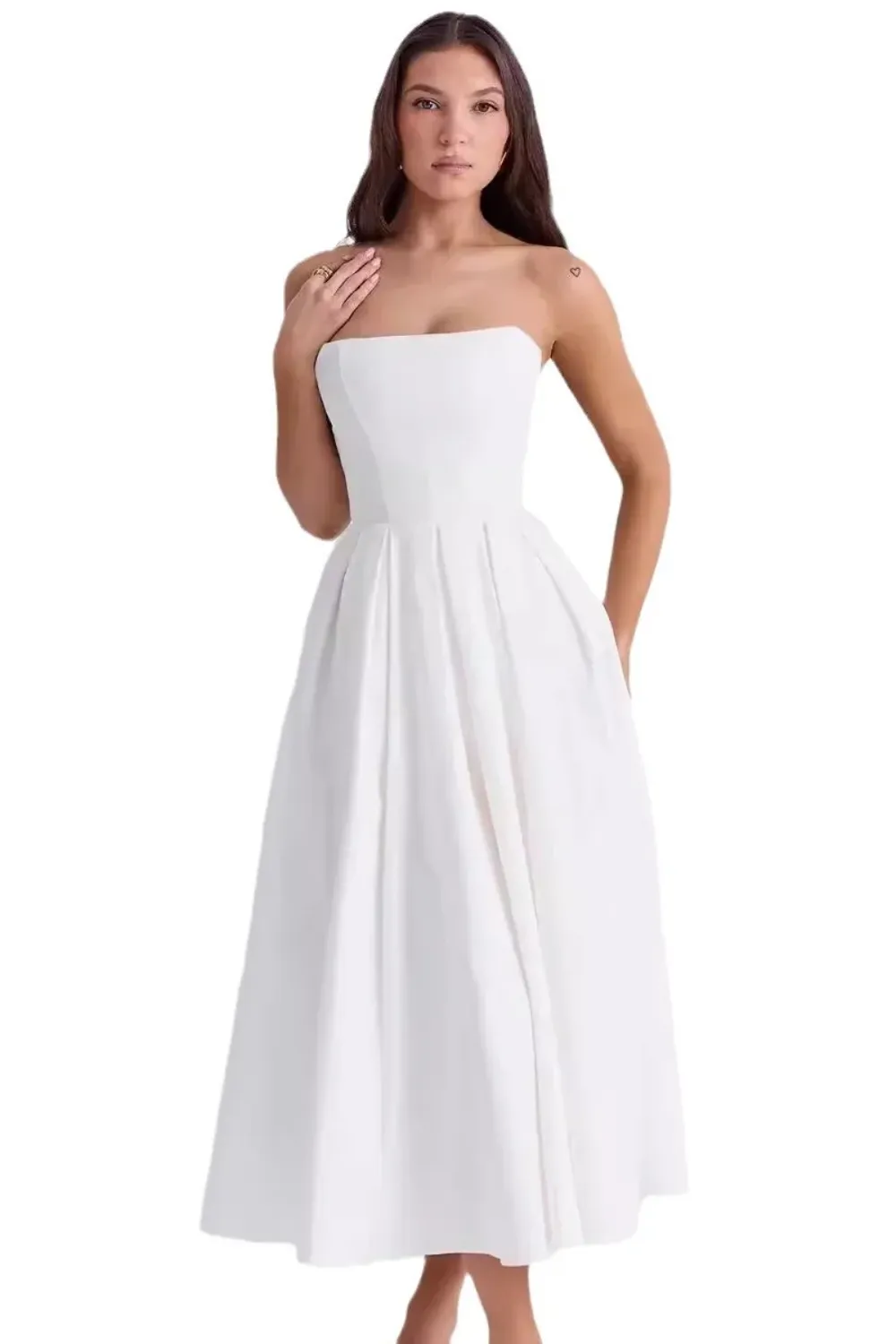 Strapless White Midi Dress 2025 - Woman in a strapless white midi-length dress