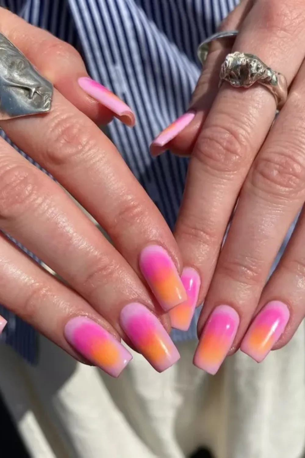 Sunset Ombre Spring Nails - Colorful sunset ombre nails with a square shape for spring 2025